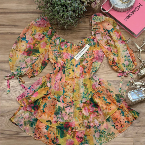 NWT For Love & Lemons Nina Floral Droppeed-Waist Mini Dress Size - Picture 1 of 2
